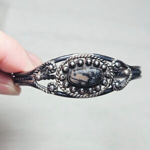 Vintage Navajo Cuff Bracelet Sterling Petrified Wood Twisted Ropelike Details